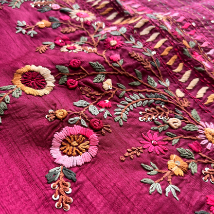 Reddish Pink Raw Silk Saree with Handwoven Parsi Work | Mriksha Sarees