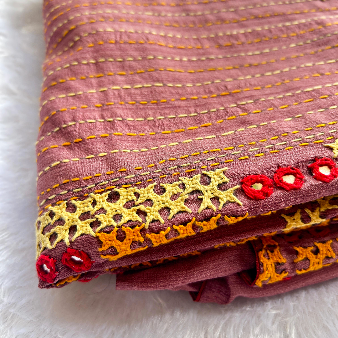 Onion Pink Semi Tussar Silk Saree with Kutch & Mirror Work