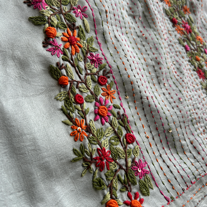 Silver Semi Tussar Silk Saree with Handwoven Bullion Stitch Work | Mriksha Sarees