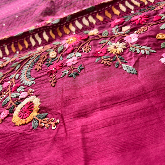 Reddish Pink Raw Silk Saree with Handwoven Parsi Work | Mriksha Sarees