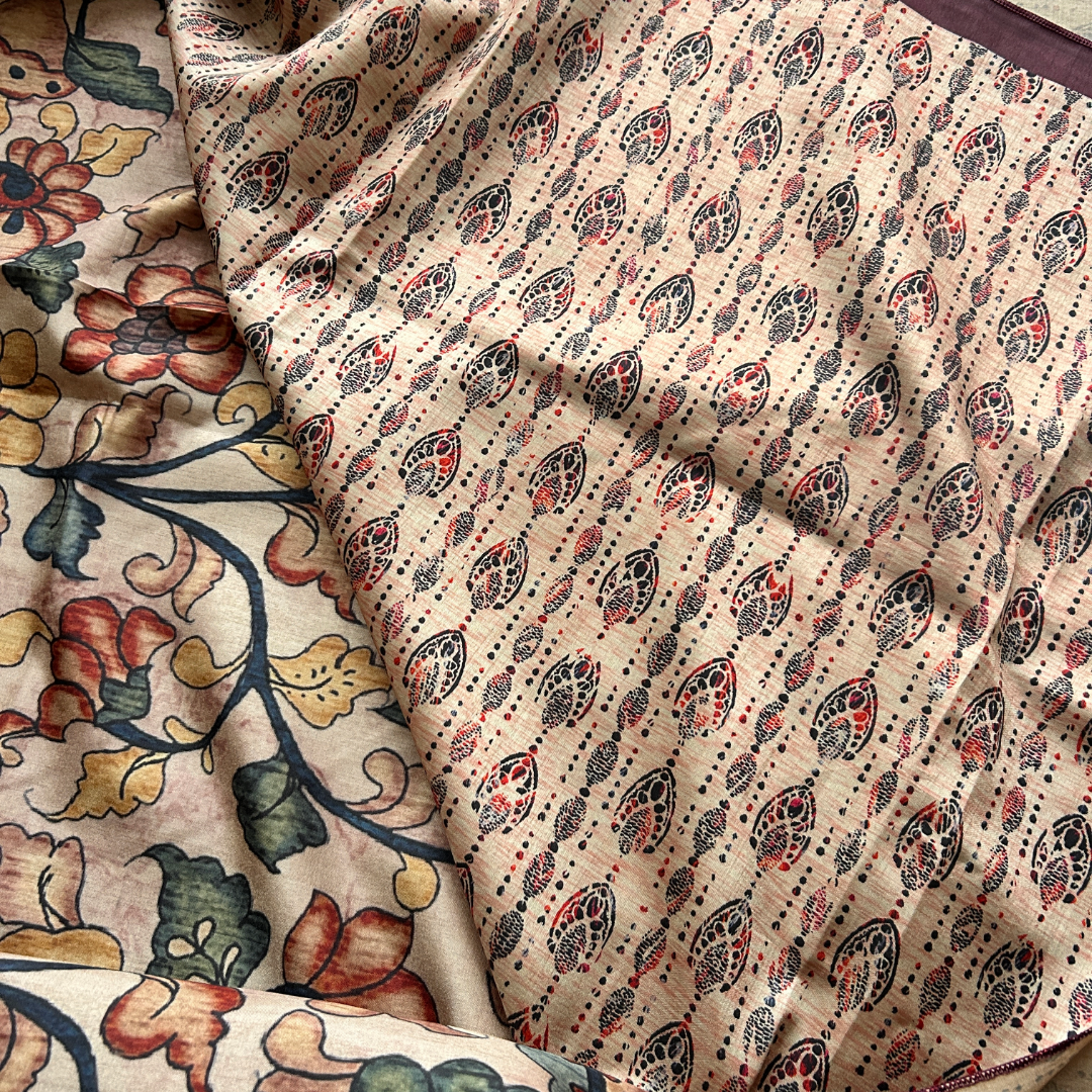Beige & Brown Premium Tissue Kalamkari Printed Saree with Floral Border & Printed Blouse | Mriksha Sarees