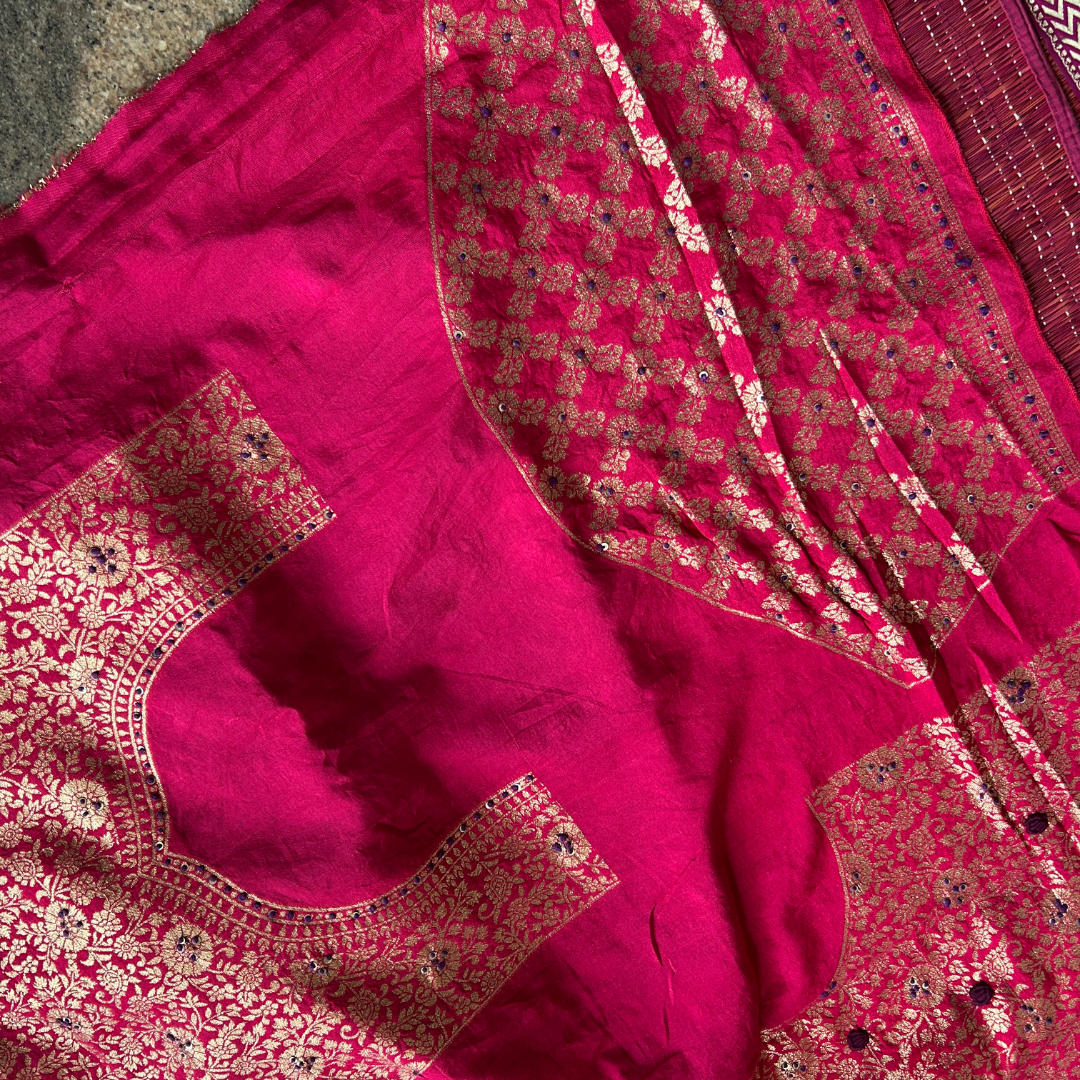 Tie & Dye Mashru Silk Saree with Handwoven Embroidery & Contrast Brocade Blouse | Purple & Black | Mriksha Sarees