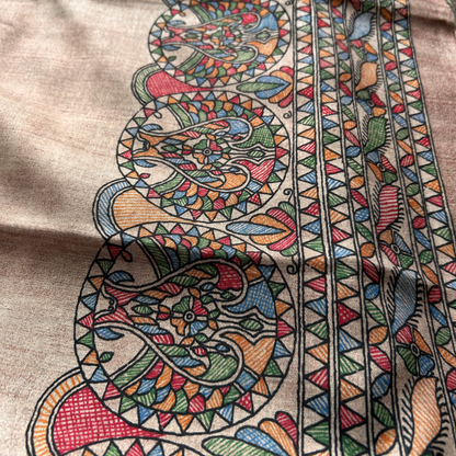 Beige Ghicha Silk Saree with Madhubani Girl Print & Chocolate Brown Blouse | Mriksha Sarees