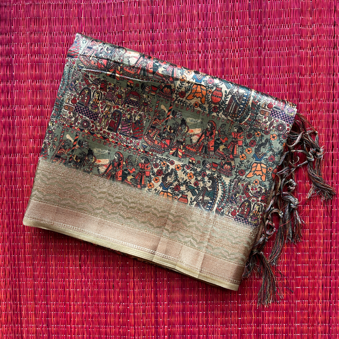 Dusty Green Digital Printed Saree with Copper Zari Border & Copper Brocade Blouse | Mriksha Sarees