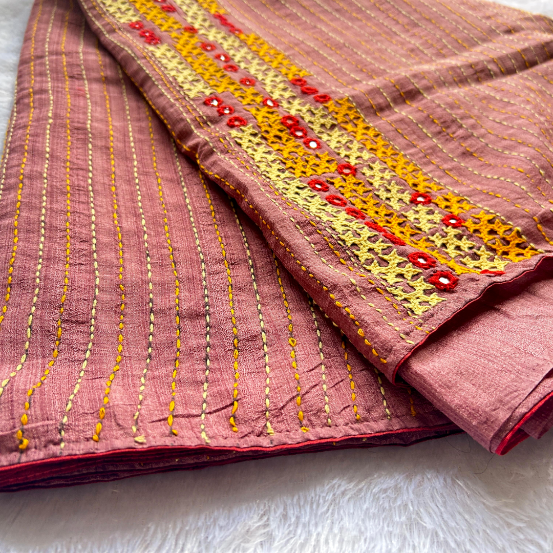 Onion Pink Semi Tussar Silk Saree with Kutch & Mirror Work