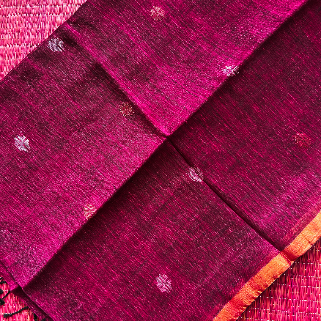 Pure Linen Jamdani Saree with Zari Pallu – Plum | Mriksha Sarees