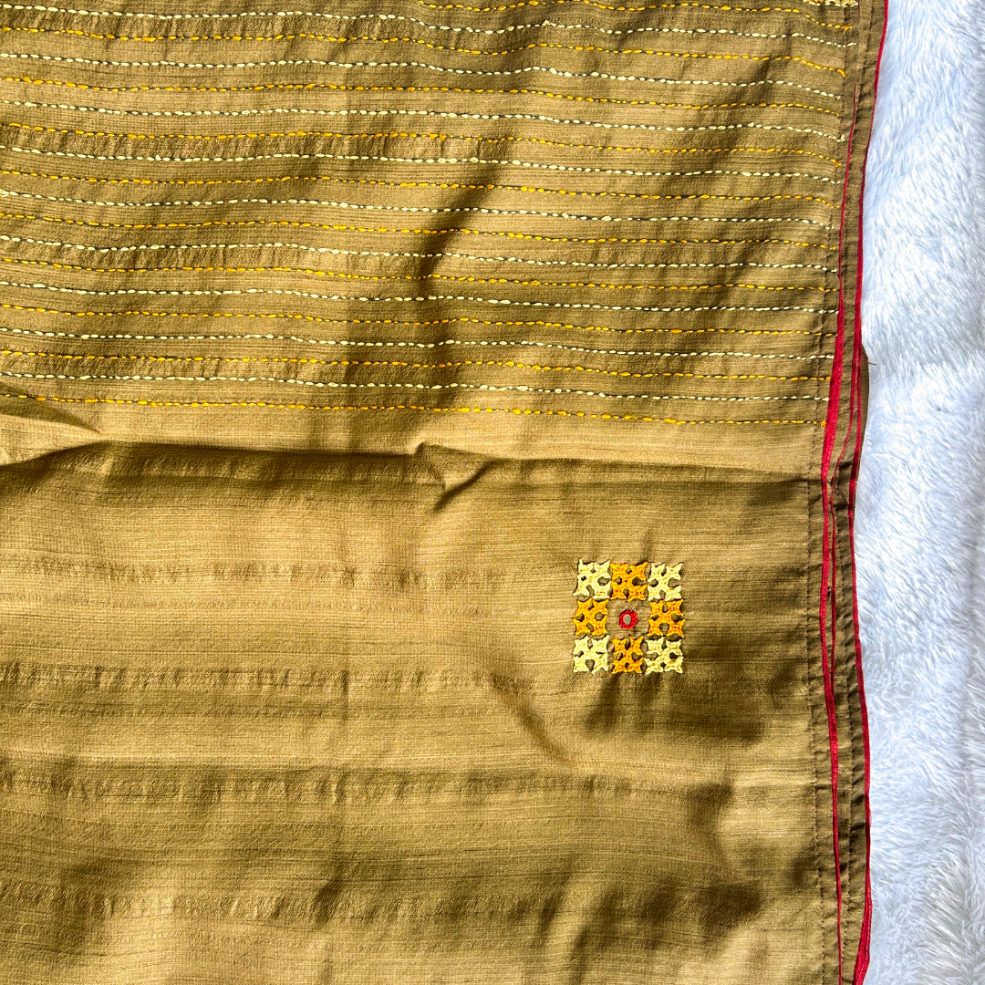 Bronze Semi Tussar Silk Saree with Kutch & Mirror Work