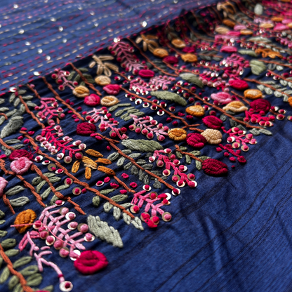 Royal Blue Semi Tussar Silk Saree with Hand Bullion Embroidery | Mriksha sarees
