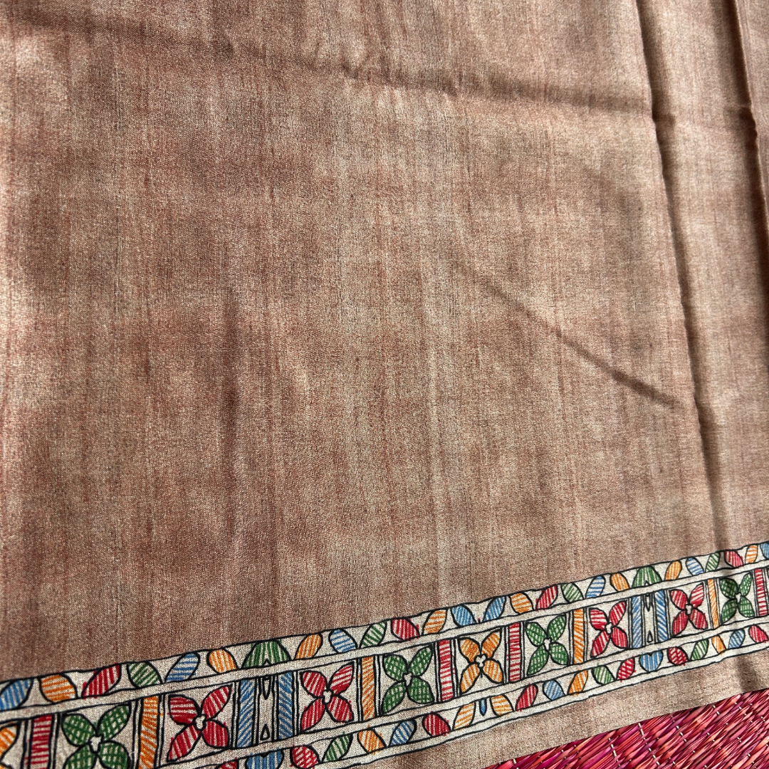 Beige Ghicha Silk Saree with Madhubani Peacock Print & Chocolate Brown Blouse | Mriksha Sarees