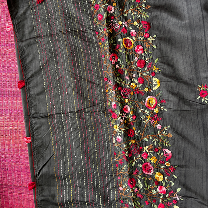 Dark Grey Raw Silk Saree with Parsi Work | Mriksha Sarees