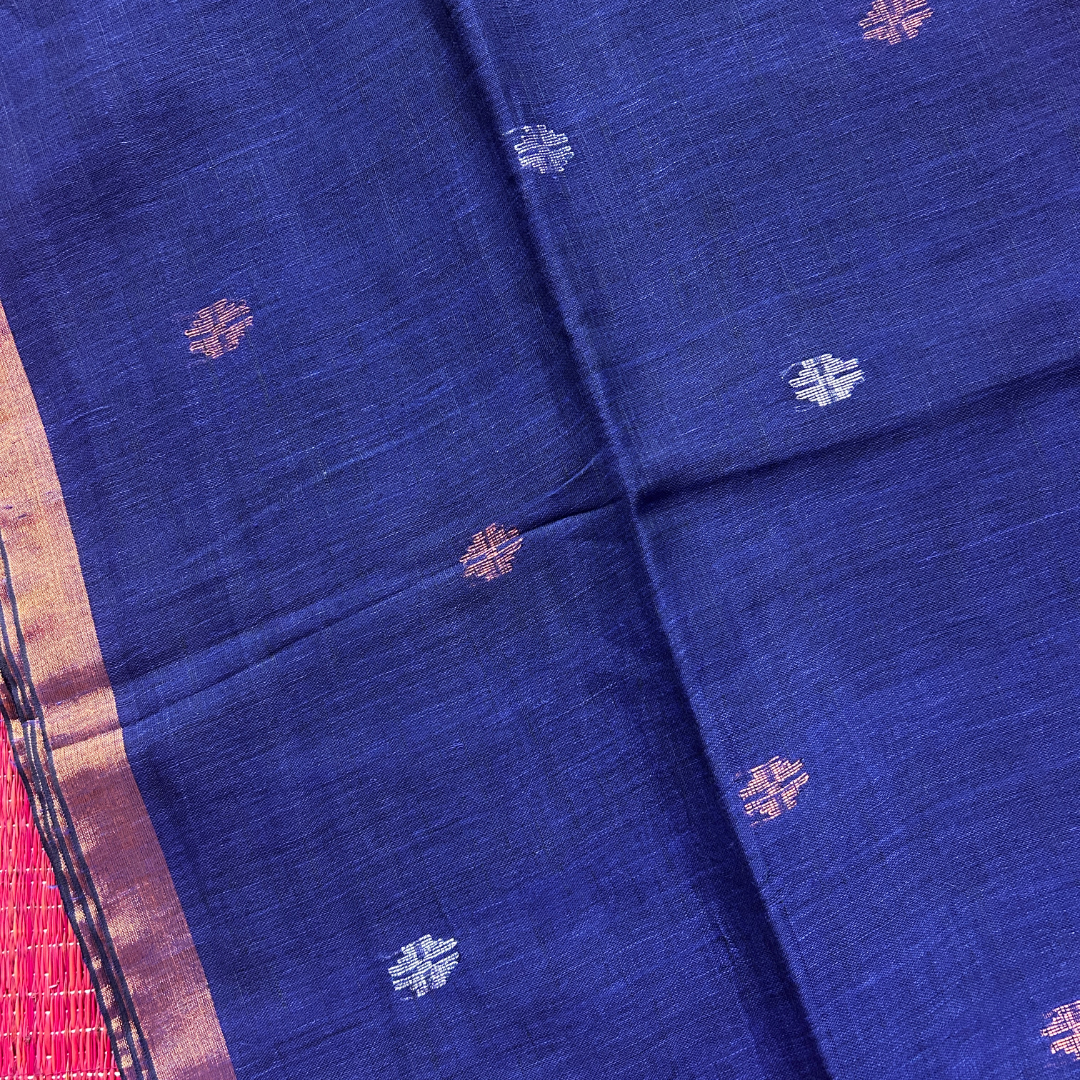 Blue Pure Linen Jamdani Saree with Zari Pallu | Mriksha Sarees