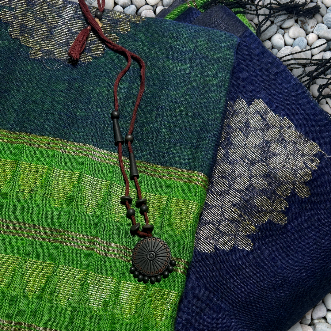 Blue & Green Pure Linen Jamdani Saree with Zari Striped Pallu