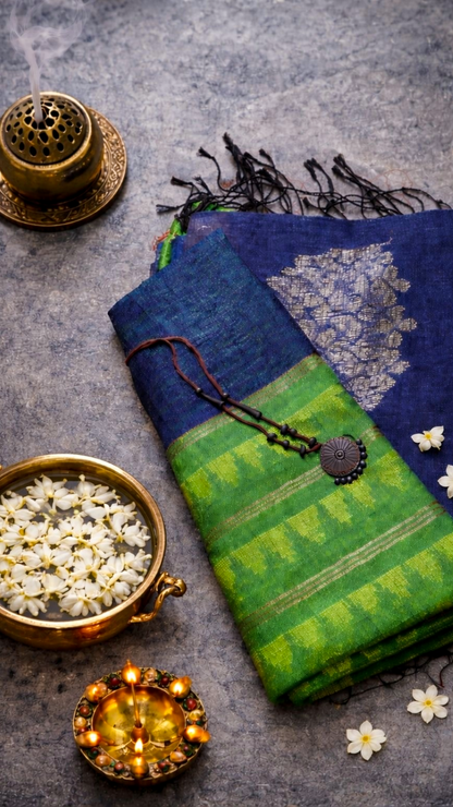 Blue & Green Pure Linen Jamdani Saree with Zari Striped Pallu