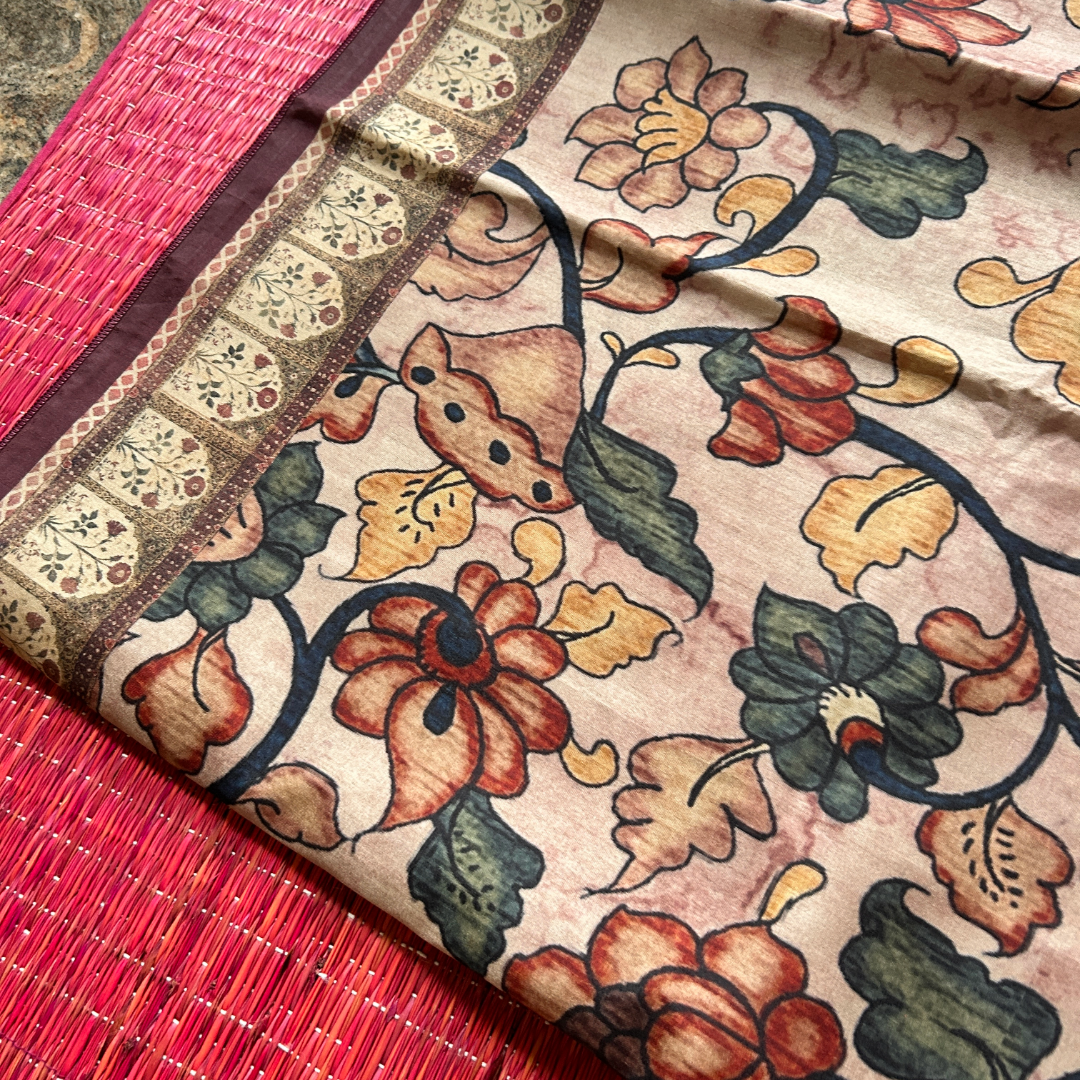 Beige & Brown Premium Tissue Kalamkari Printed Saree with Floral Border & Printed Blouse | Mriksha Sarees