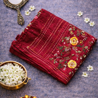 Maroon Semi Tussar Silk Saree with Handwoven Parsi Embroidery | Mriksha Sarees