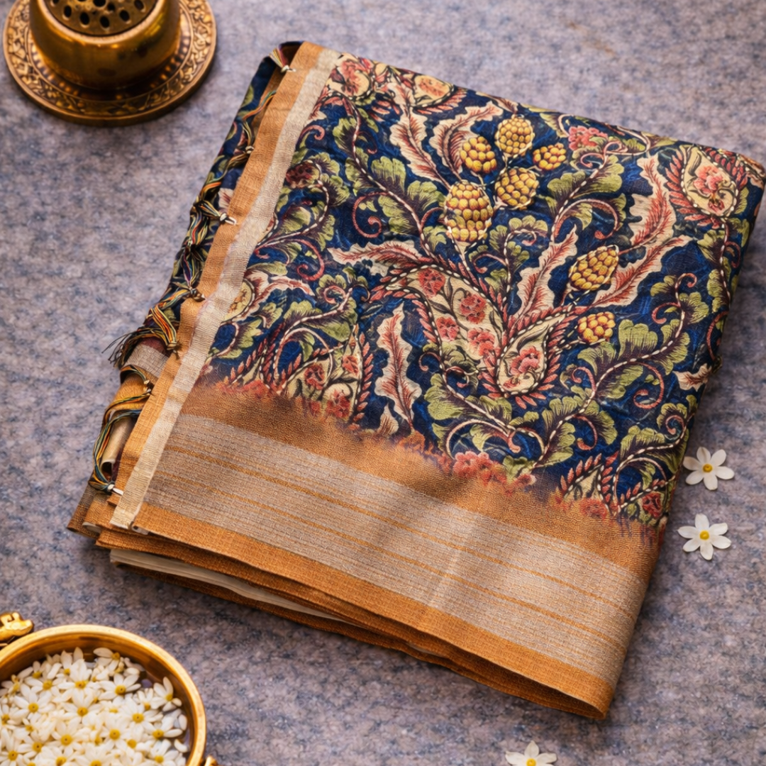 Soft Printed Linen Saree with Kantha Embroidery & Contrast Blouse – Blue & Orange | Mriksha