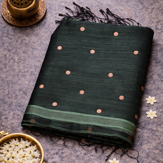 Emerald Green Matka Silk Saree with Muslin Silk Pallu | Mriksha Sarees