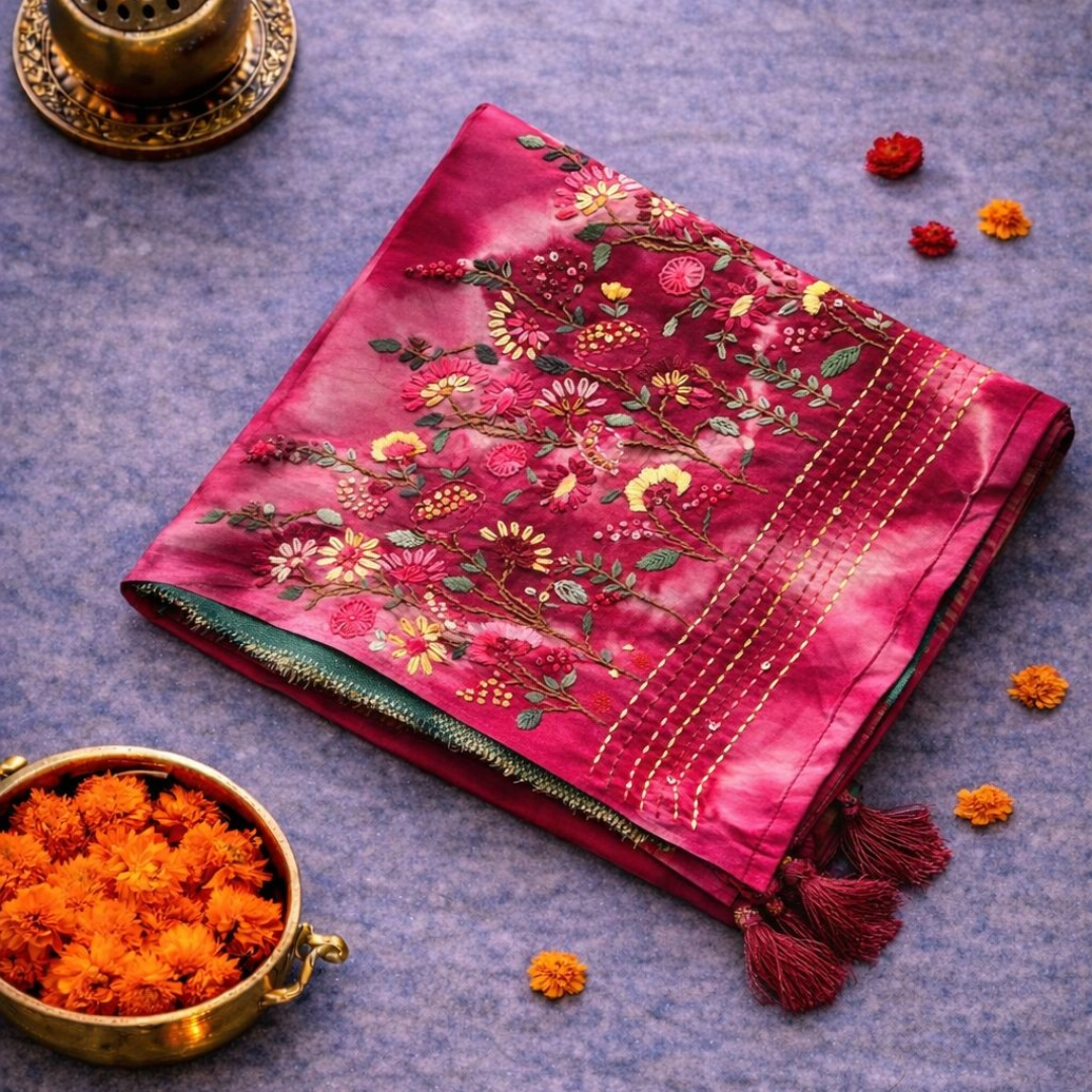 Tie & Dye Mashru Silk Saree with Handwoven Embroidery & Contrast Brocade Blouse | Pink