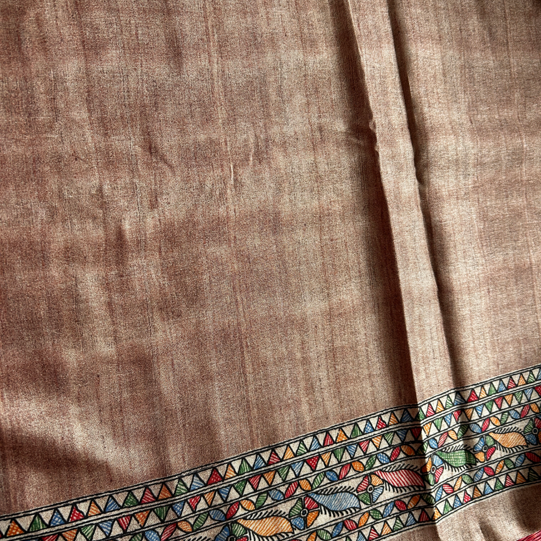 Beige Ghicha Silk Saree with Madhubani Girl Print & Chocolate Brown Blouse | Mriksha Sarees