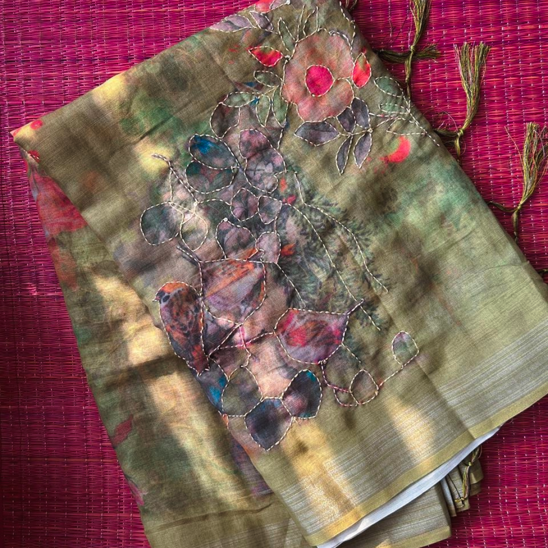 Soft Printed Linen Saree with Kantha Embroidery & Contrast Blouse – Light Green | Mriksha