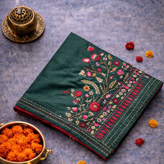 Deep Green Kantha Embroidered Saree | Mriksha Sarees
