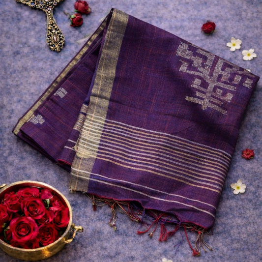 Pure Linen Jamdani Saree with Zari Pallu – Violet | Mriksha Sarees