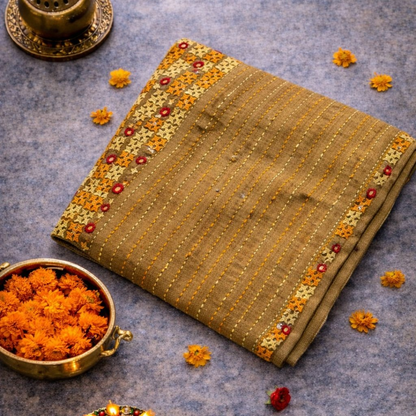 Bronze Semi Tussar Silk Saree with Kutch & Mirror Work