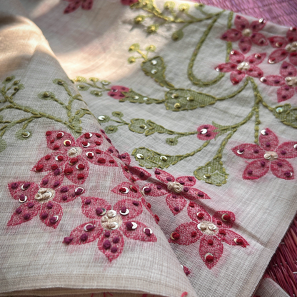 Cream Semi Tussar Silk Saree with Pink Handwoven Floral Kantha Work | Mriksha Sarees