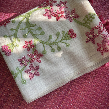 Cream Semi Tussar Silk Saree with Pink Handwoven Floral Kantha Work | Mriksha Sarees