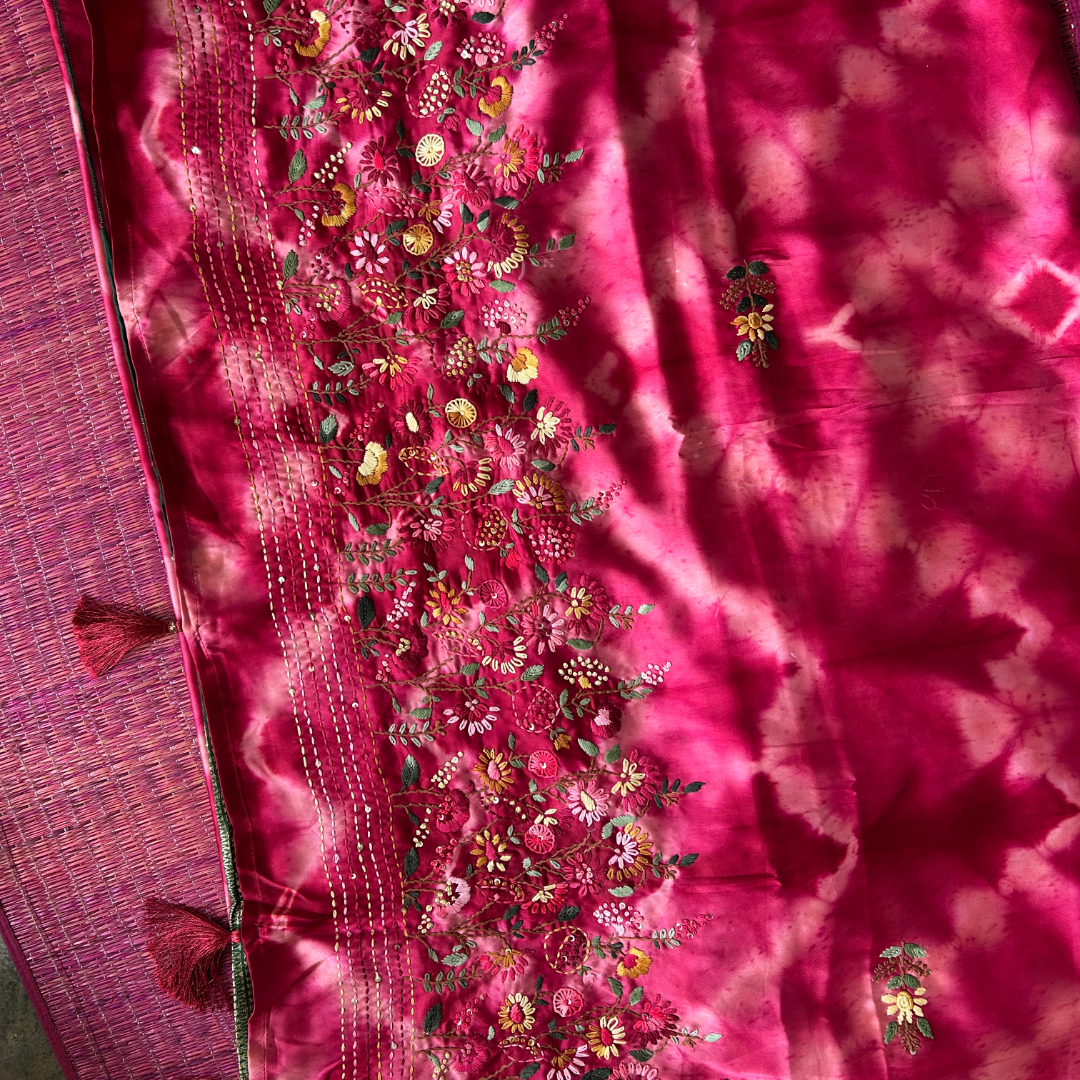 Tie & Dye Mashru Silk Saree with Handwoven Embroidery & Contrast Brocade Blouse | Pink