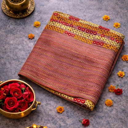 Onion Pink Semi Tussar Silk Saree with Kutch & Mirror Work