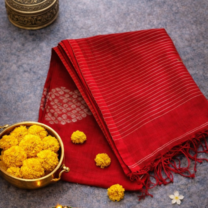 Pure Linen Jamdani Saree with Zari Striped Pallu – Tomato Red & Pink | Mriksha saree