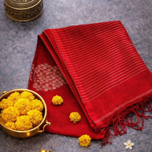 Pure Linen Jamdani Saree with Zari Striped Pallu – Tomato Red & Pink | Mriksha saree