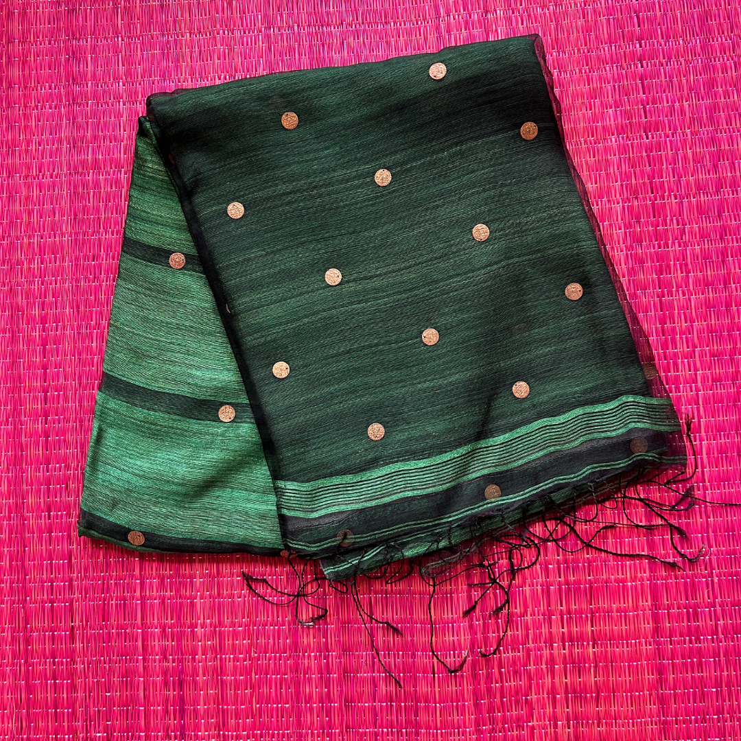Emerald Green Matka Silk Saree with Muslin Silk Pallu | Mriksha Sarees