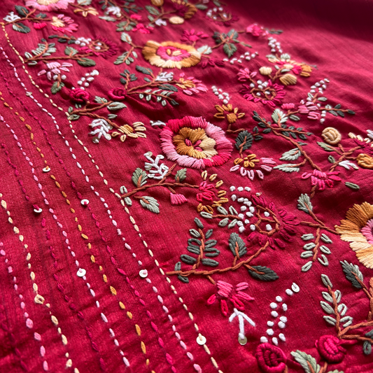 Maroon Semi Tussar Silk Saree with Handwoven Parsi Embroidery | Mriksha Sarees