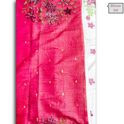 Cream Semi Tussar Silk Saree with Pink Handwoven Floral Kantha Work | Mriksha Sarees