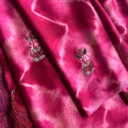 Tie & Dye Mashru Silk Saree with Handwoven Embroidery & Contrast Brocade Blouse | Pink