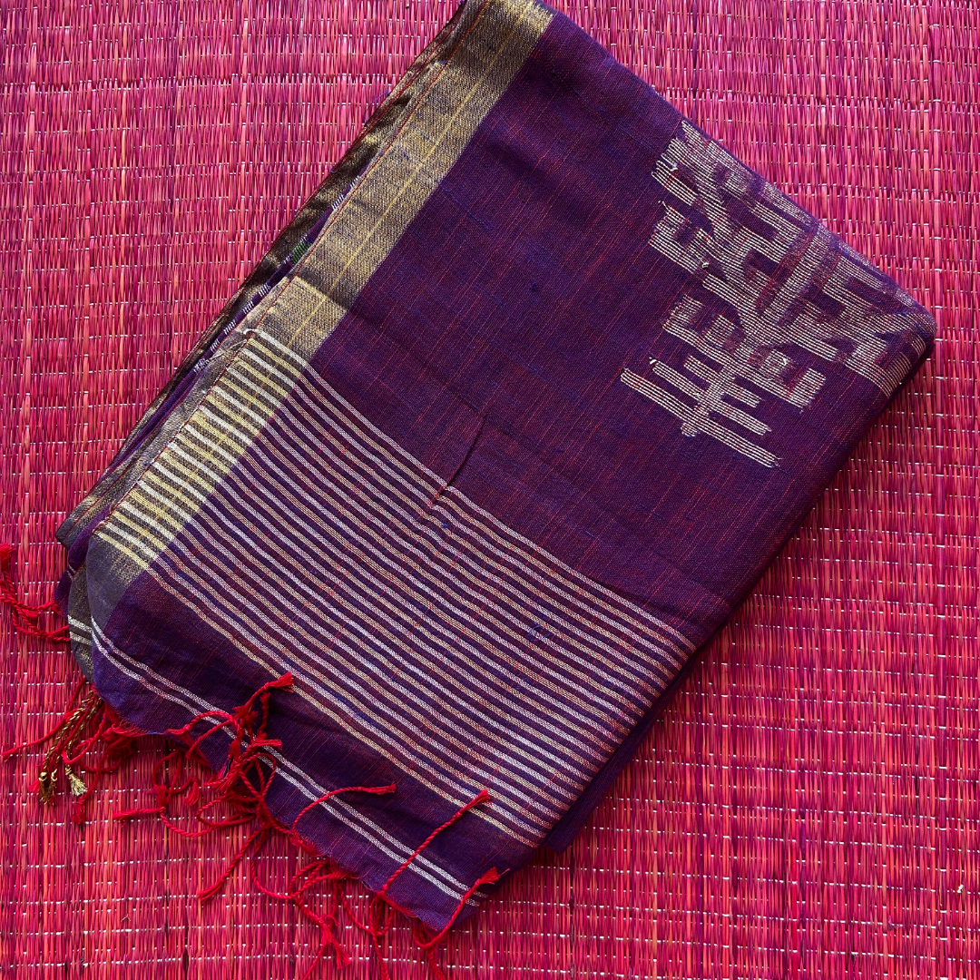 Pure Linen Jamdani Saree with Zari Pallu – Violet | Mriksha Sarees