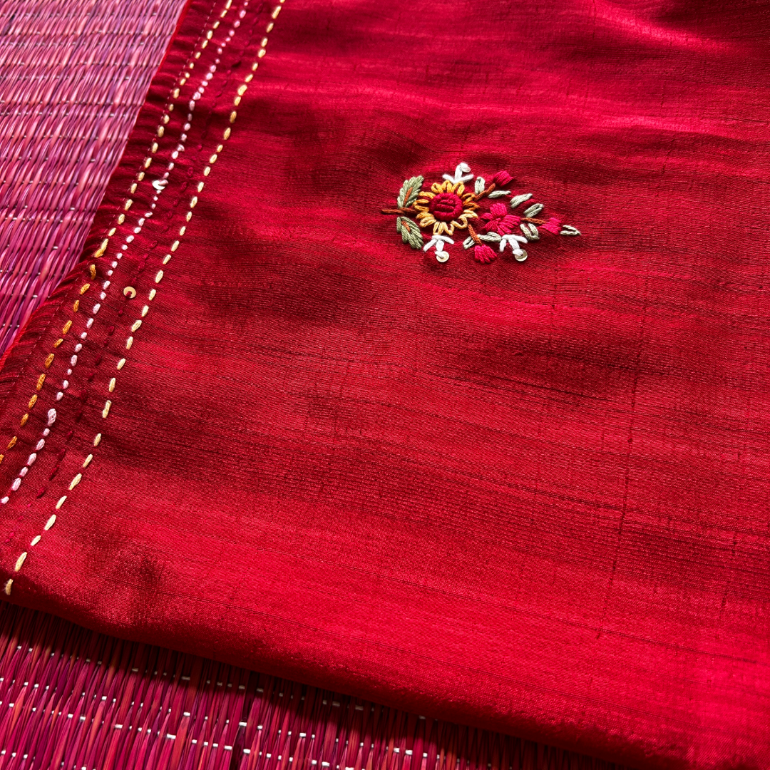 Maroon Semi Tussar Silk Saree with Handwoven Parsi Embroidery | Mriksha Sarees