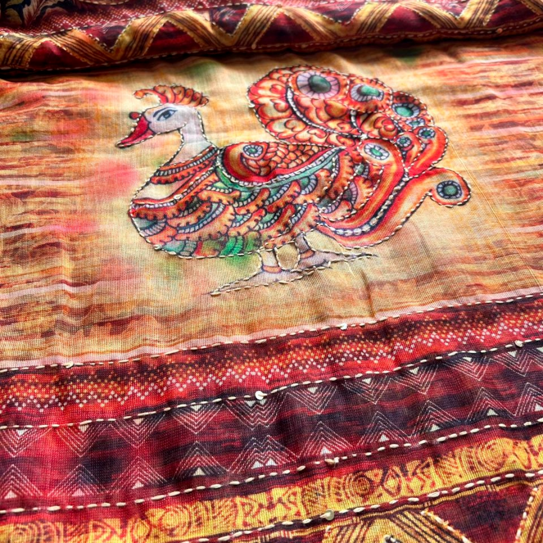 Soft Printed Linen Saree with Kantha Embroidery & Contrast Blouse – Blue & Orange | Mriksha