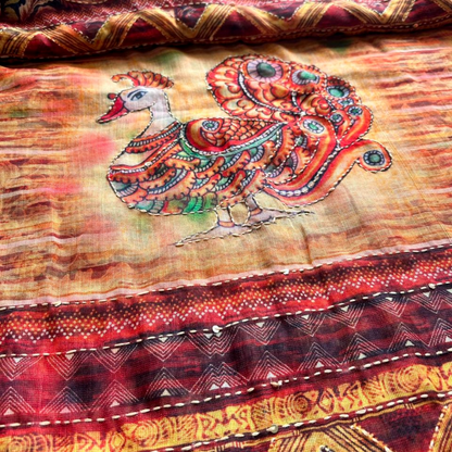 Soft Printed Linen Saree with Kantha Embroidery & Contrast Blouse – Blue & Orange | Mriksha