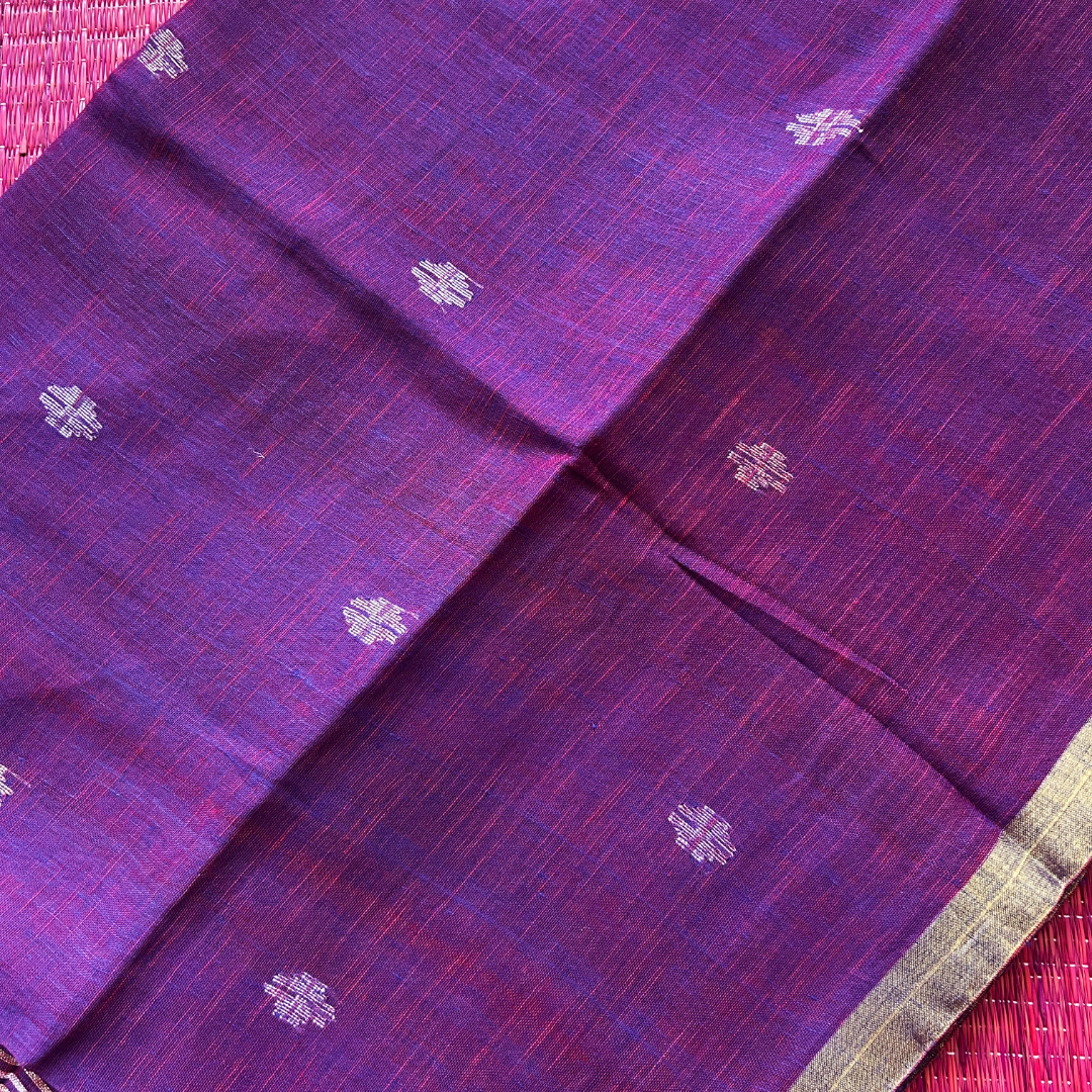 Pure Linen Jamdani Saree with Zari Pallu – Violet | Mriksha Sarees