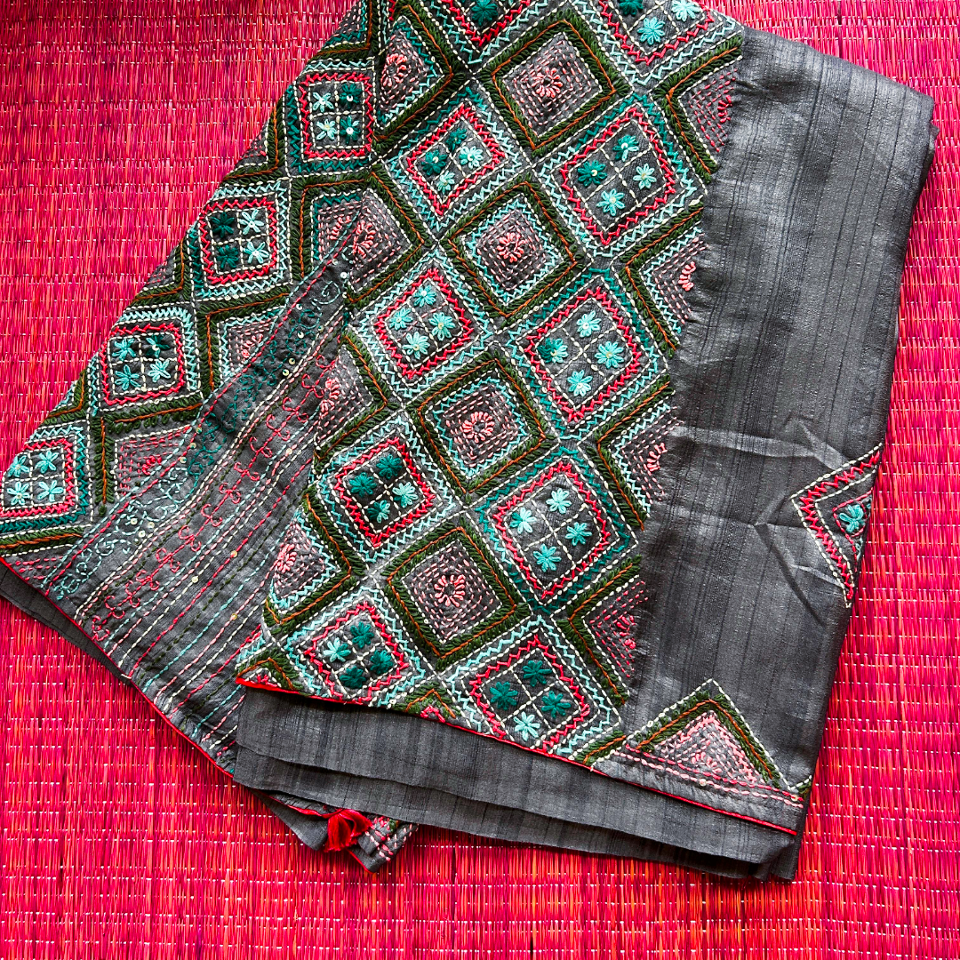 Grey Semi Tussar Silk Saree with Handwoven Lambani Work | Mriksha sarees