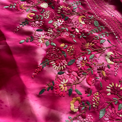 Tie & Dye Mashru Silk Saree with Handwoven Embroidery & Contrast Brocade Blouse | Pink