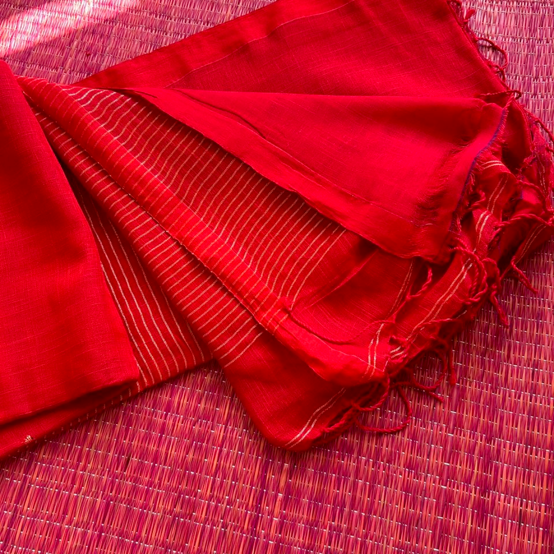 Pure Linen Jamdani Saree with Zari Striped Pallu – Tomato Red & Pink | Mriksha saree