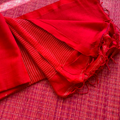 Pure Linen Jamdani Saree with Zari Striped Pallu – Tomato Red & Pink | Mriksha saree