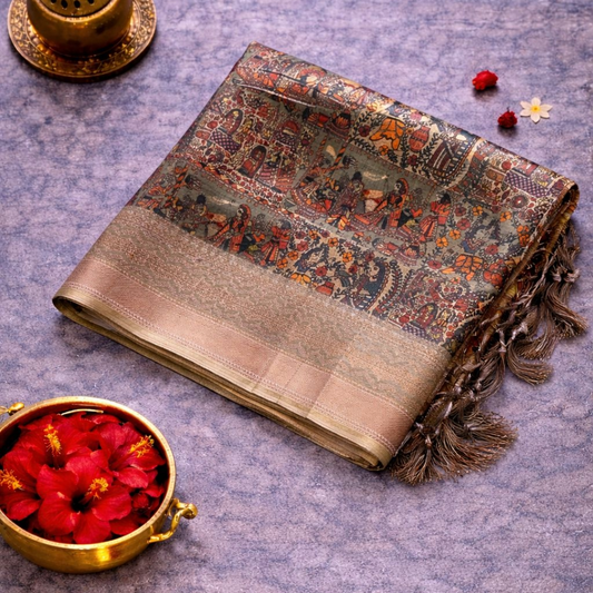 Dusty Green Digital Printed Saree with Copper Zari Border & Copper Brocade Blouse | Mriksha Sarees