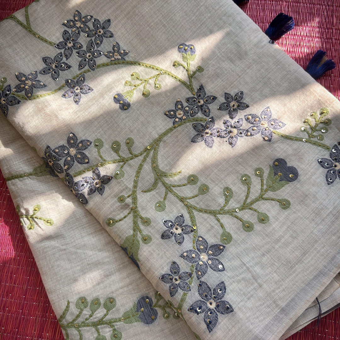 Cream Semi Tussar Silk Saree with Blue Handwoven Floral Kantha Work | Mriksha Sarees