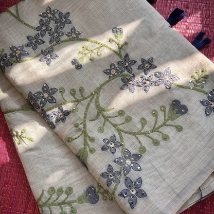 Cream Semi Tussar Silk Saree with Blue Handwoven Floral Kantha Work | Mriksha Sarees