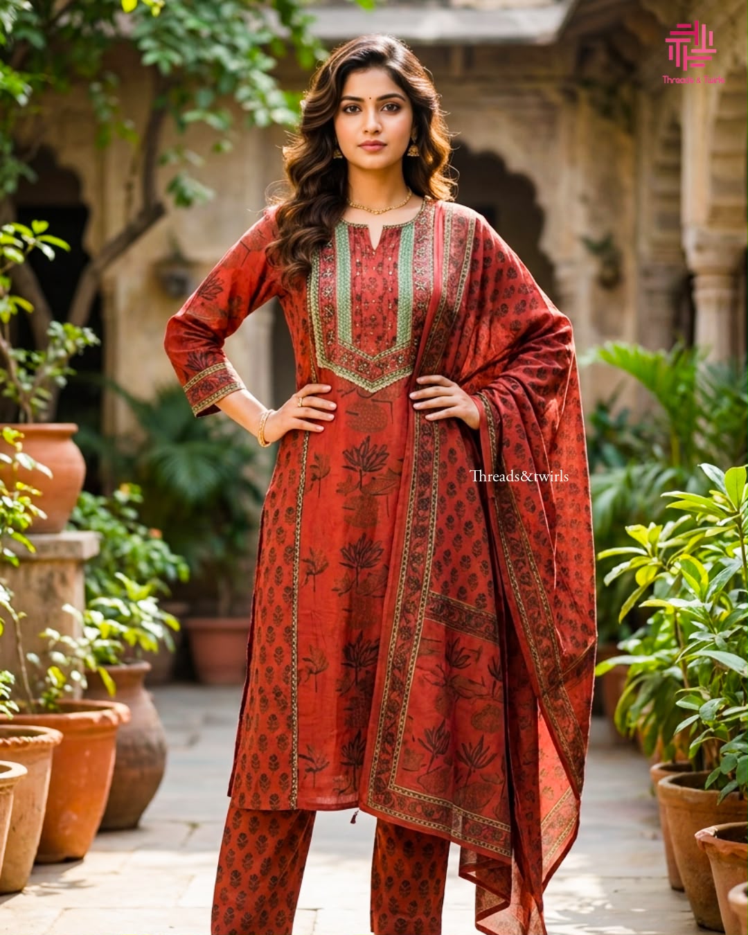 Brick Red Pure Cotton Straight-Cut Salwar Suit | Threads & Twirls